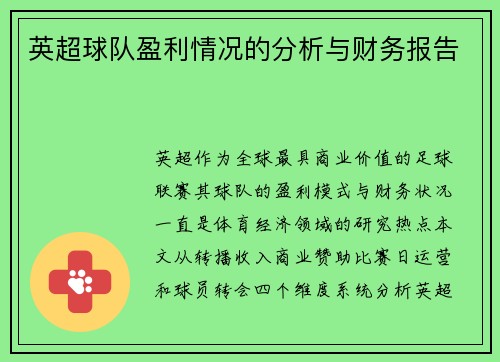 英超球队盈利情况的分析与财务报告